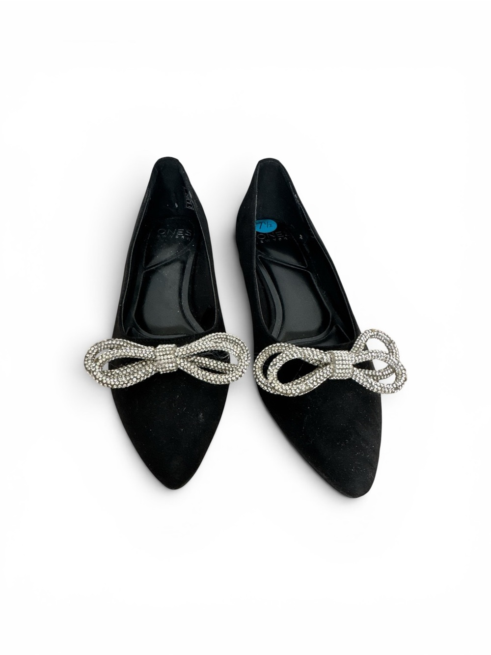 JONES NewYork Black Pointed Toe Suede Flats with Crystal Bow Accent Size 7.5